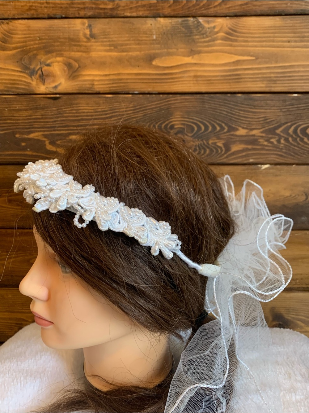 90s White Beaded Lace Bridal Headband with Veil